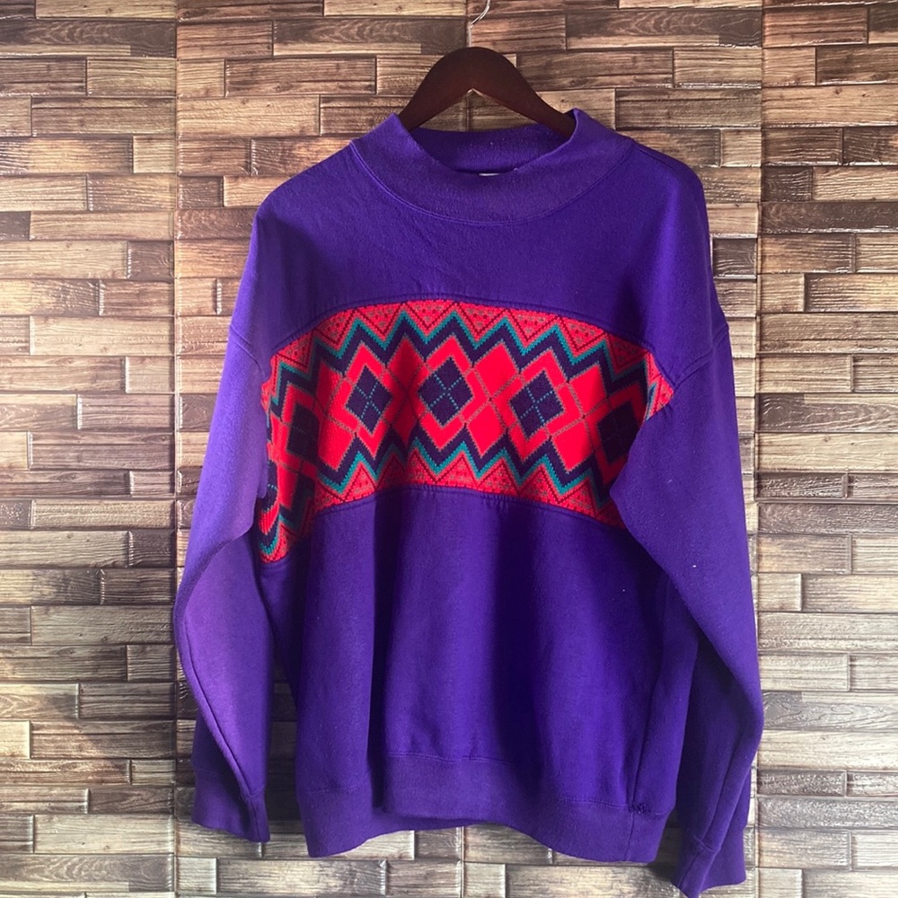 Vintage 90’s Purple XL Oversized Aztec Crew Neck Sweater Unbranded